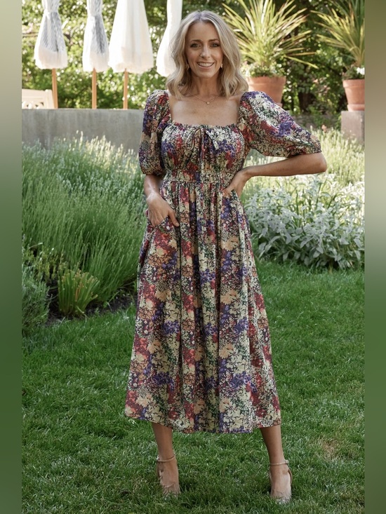 Baltic Born Dresses & Skirts - EUC Baltic Born Eden Dress Multi-Color Floral Puff Sleeve Square Neck Midi Dress